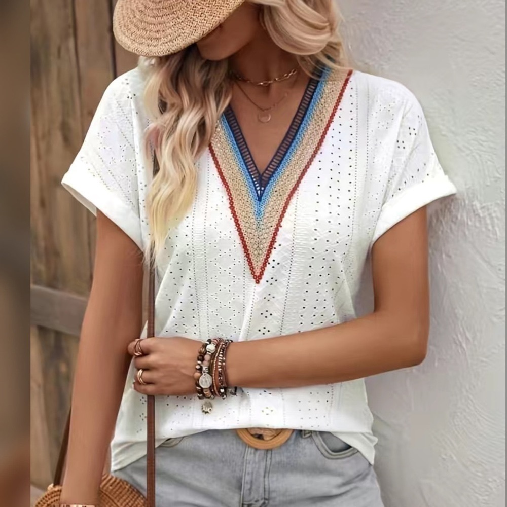Rainbow Crochet Lace V Neck White Eyelet Boho Short Sleeve Shirt L XL NWT - Picture 3 of 6